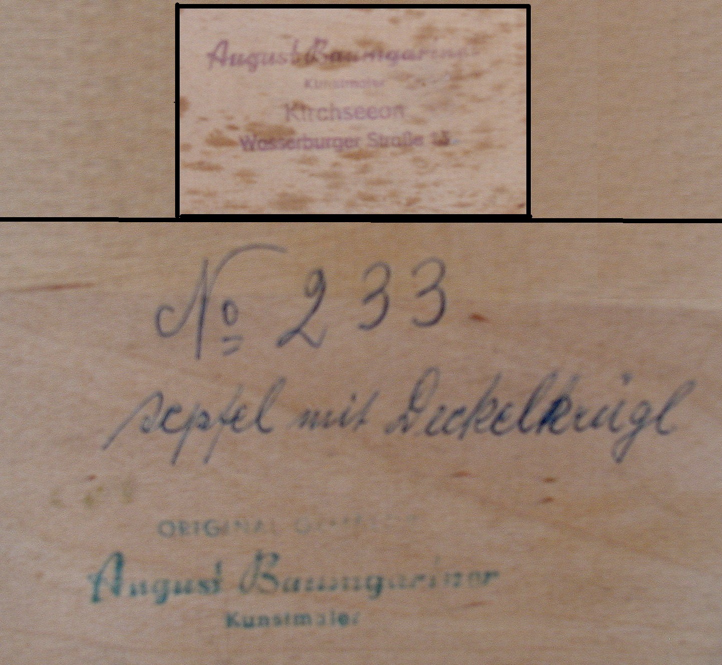 August Baumgartner, Stillleben Äpfel mit Deckelkrügl, Rückseite
