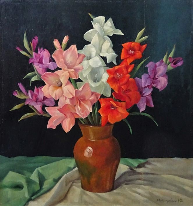 Stillleben mit Gladiolen in Vase, Öl auf Sperrholz, datiert 1942