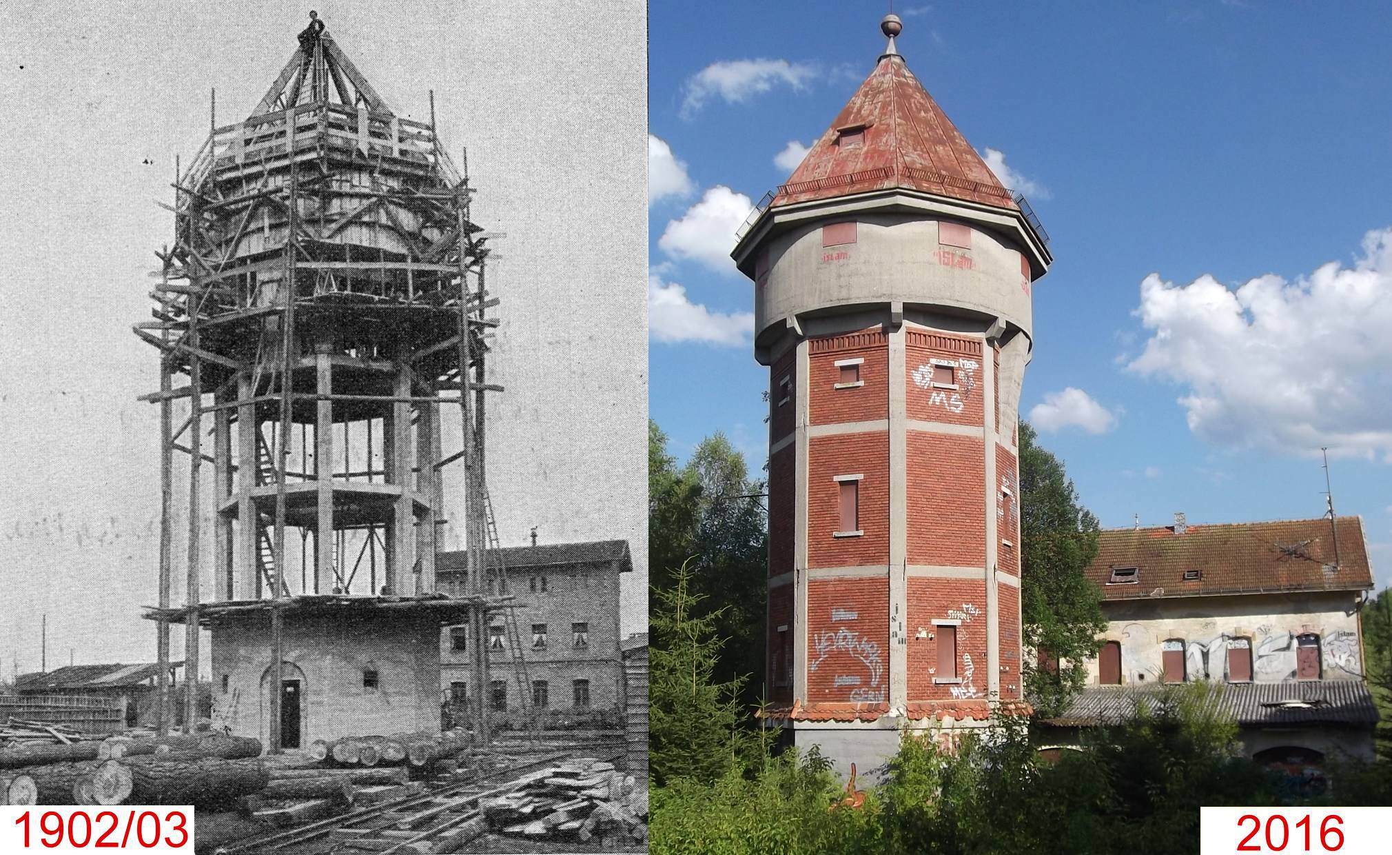 Linkes Photo: Bau des Wasserturms im Jahr 1902/03; rechtes Photo: Heutige Ansicht des Wasserturm mit ehem. Kantinengebäude des Schwellenwerks