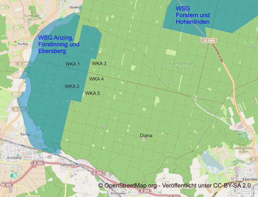 Geplante WKA-Standorte und Wassserschutzgebiete im Ebersberger Forst